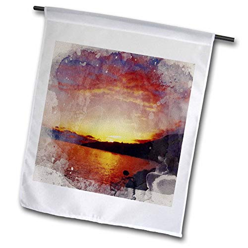 3dRose Image of Watercolor Orange Sunset Over A Lake Scene - Flags -fl-340458-1-