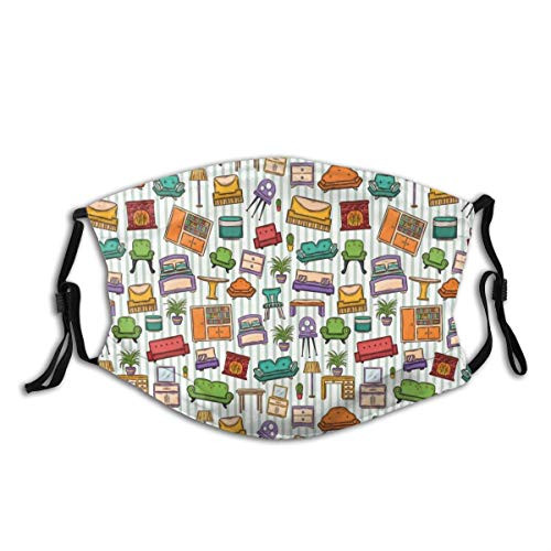 Activated Carbon Windproof mask?Various Home Interior Elements Armchair Table Mirror Design Elements Doodle Style,Printed Facial decorations for Unisex adult