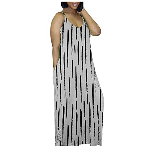 GUREN Women Dress Fashion Casual Printing Suspender Pocket V-Neck Loose Sundress Long Beach Party Dresses White