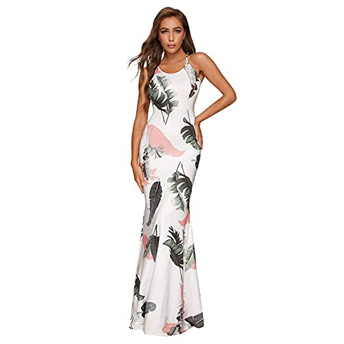 Women Summer Sexy Maxi Beach Dresses Sleeveless Backless Floral Print Split Boho Evening Party Dress White