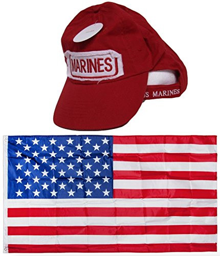 USMC Marines Marine Corps Red Patch Distressed Washed Embroidered Hat Cap  and  USA Flag 3x5 Super Polyester Nylon 3'x5' House Banner Grommets Double Stitched Premium Quality