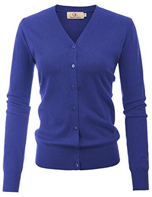 GRACE KARIN Women's Long Sleeve V-Neck Basic Button Down Knit Cardigan Sweater-2XL,Royal Blue-