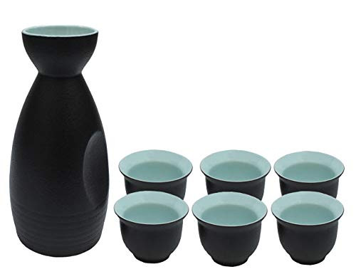 KCHAIN 7PCS Ceramic Sake Set Handcraft Traditional Pottery Black and Blue Color with 1PC Sake Carafe and 6PCS Sake Cups