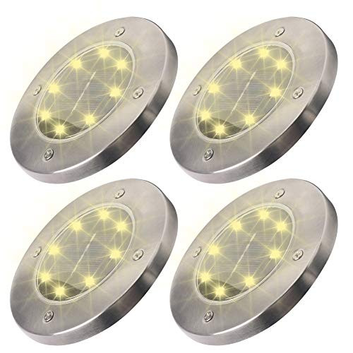 Thecactus Solar Powered Ground Lights, 8LED Disk Lights Solar Pathway Lights Outdoor Waterproof Garden Landscape Lighting for Yard Deck Lawn Patio Walkway -Warm White(4 Pack)