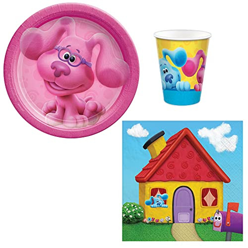 Blues Clues Party Supplies - Pink Magenta Themed Bundle Includes Paper Dessert -Snack- Plates, Napkins and Cups for 16 People with Your Favorite Animated Blues Clues Characters