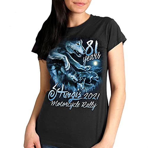 Official 2021 Sturgis Motorcycle Rally SPL1736 Ladies Black Wolf Pack T Shirt - 2X-Large