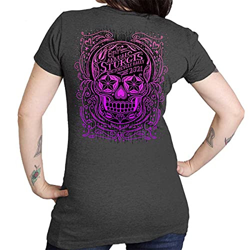 Official 2021 Sturgis Motorcycle Rally SPL1743 Ladies Heather Dark Grey Sugar Skull T Shirt - X-Large