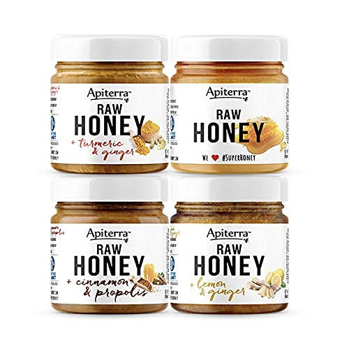 Apiterra - Sweet Gift - Honey Set Infused with Superfoods - includes Honey with Turmeric and Ginger, Cinnamon and Propolis, Lemon and Ginger, and Original Raw Honey -set of 4- Apiterra - Sweet Gift - Honey Set Infused with Superfoods - includes Honey with Turmeric and Ginger, Cinnamon and Propolis, Lemon and Ginger, and Original Raw Honey -set of 4-