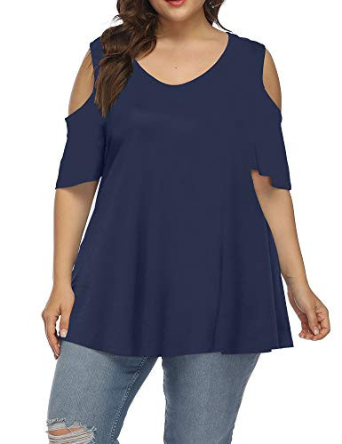 ALLEGRACE Women's Plus Size Tops Cold Shoulder Tunic Top Casual Loose Short Sleeve V Neck T Shirts Solid Dark Blue 4X