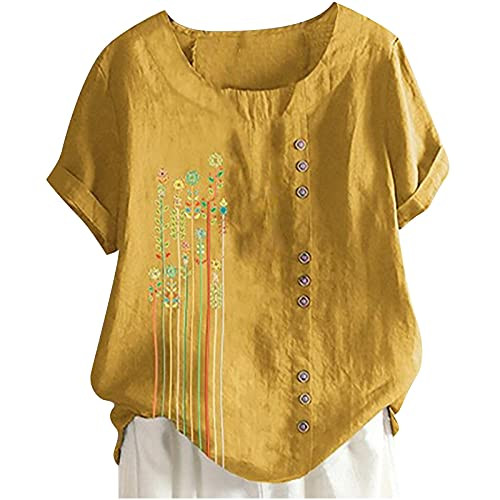 Longays Summer Womens Cotton Linen Tops Plus Size Casual Loose O-Neck Tunic Blouse Fashion Printing Button Shirt Top Yellow