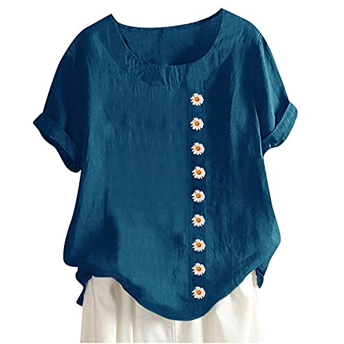 Longays Summer Womens Cotton Linen Tops Plus Size Casual Loose O-Neck Tunic Blouse Fashion Printing Button Shirt Top Blue