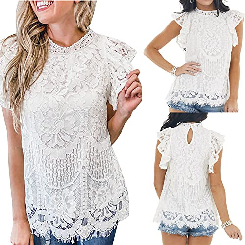 Summer Women Crewneck Tshirt Tops Sexy White Lace Loose Fit Tunic Tees Fashion Casual Short Sleeve Comfy Blouses