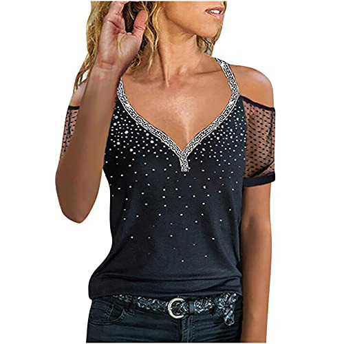 Womens Summer T Shirts Lace Starry Off-Shoulder Short-Sleeved Lace Stitching Top Ladies Tee Blouse