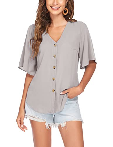 Meaneor Grey Womens Short Sleeve Button Down Blouse V Neck Loose Casua T Shirts Summerl Tops