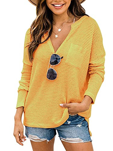 Women's V Neck Pullover Sweater Waffle Knit Henley Tops Casual Long Sleeve Blouses Yellow XX-Large