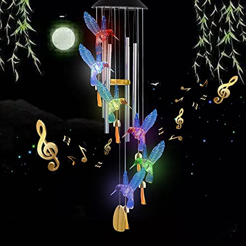 AMMON Solar Wind Chimes, LED Wind Chimes with Bells, Hummingbird Solar Wind Chimes for Outside, Waterproof Changing Color Windchimes with Aluminum Tubes and Wooden Tags for Outdoor Garden Decoration