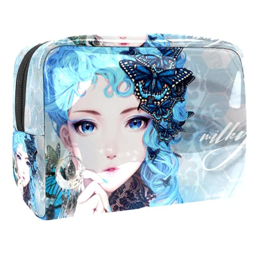 Makeup Bag Blue Butterfly Girl Cosmetic Case Zipper Pouch Water-resistant Travel Cosmetic Organizer for Women and Girls 7.3x3x5.1in
