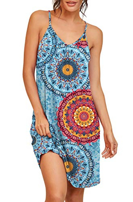 PrinStory Women's V Neck Sleepwear Loose Nightgown Pajama Dress Soft Nightshirt Sleeveless Nightdress Short Chemise US Small FP Mix Blue