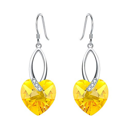 EleQueen 925 Sterling Silver CZ Love Heart French Hook Dangle Earrings Yellow Made with Crystals