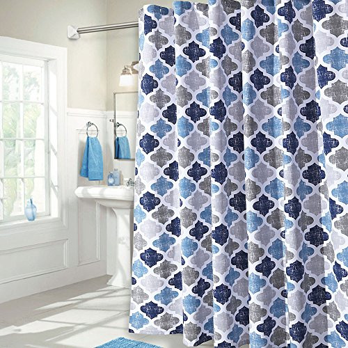 Haperlare Quatrefoil Fabric Shower Curtain, Geometric Pattern Shower Curtain for Bathroom Showers and Bathtub, Cotton Blend Fabric Shower Curtain for Bathroom Decoration, 72" x 72", Navy/Blue/Grey