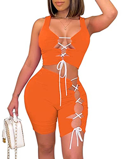 Sexy 2 Piece Outfits for Women Clubwear Summer Lace Up Crop Tops and Shorts Set Orange L