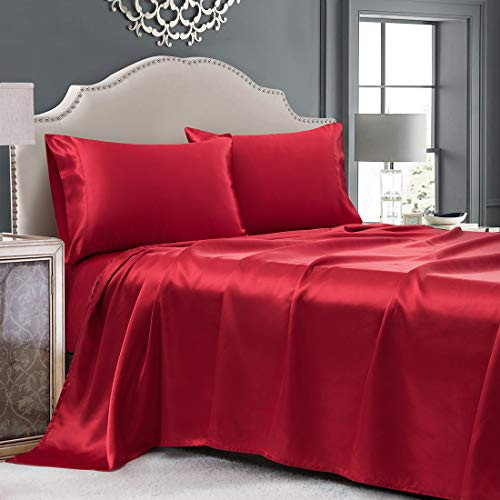 Cobedzy 3 Pcs Red Satin Sheets Twin Size Soft Silk Satin Bedding Sheets Set with 1 Deep Pocket Fitted Sheet, 1 Flat Sheet, 1 Pillowcase