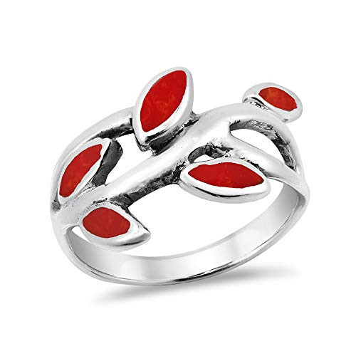 AeraVida Olive Branch Leaves Wrap Reconstructed Red Coral Inlay .925 Sterling Silver Ring -7- AeraVida Olive Branch Leaves Wrap Reconstructed Red Coral Inlay .925 Sterling Silver Ring -7-