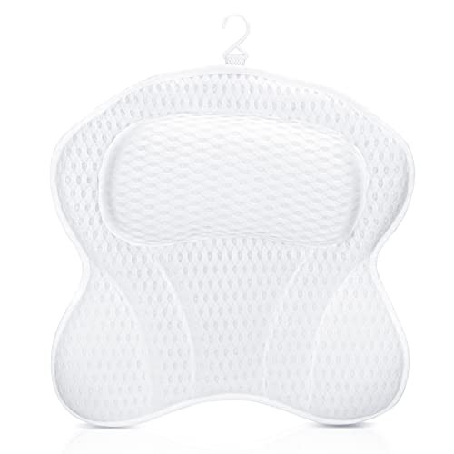 FANKUTOYS Bath Pillow,Bathtub Spa Pillow with 6 Non-Slip Strong Suction Cups and 4D Air Mesh Technology, Helps Support Head, Neck,and Back-White Butterfly-