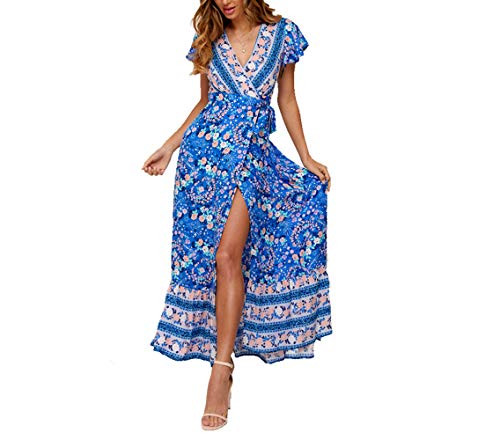 Womens Boho V Neck Wrap Vintage Floral Print Short Sleeve Split Flowy Beach Party Maxi Dress Blue