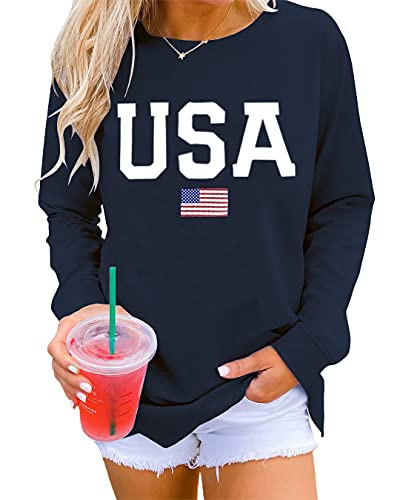 Dressmine Women's Casual USA Flag Fourth of July Shirts America Top Long Sleeve Graphic Crew Neck Sweatshirt Pullover Navy Blue 2X-Large