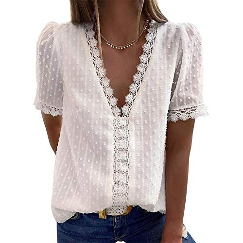 Women's V Neck Lace Tunic Tops Vintage Elegant Crochet Casual Short Sleeve Summer Blouses Shirts -White, m-