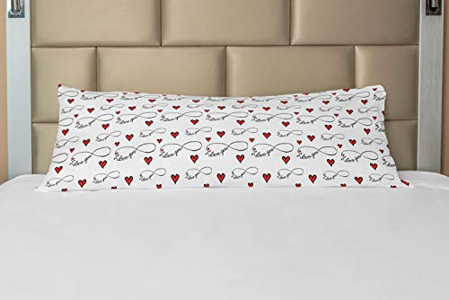 Ambesonne I Love You Body Pillow Case Cover with Zipper, Hand Writing with Infinity Romantic Red Hearts Valentines Day Theme, Decorative Accent Long Pillowcase, 21" x 54", Red Black White