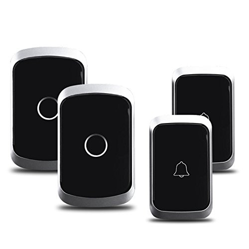 CACAZI Wireless Doorbell Waterproof Door Bell Kit, 36 Chimes with 1000 Feet Operating, 4 Level Volume, 2 Receiver  and  2 Push Button with Sound and LED Flash -Black-