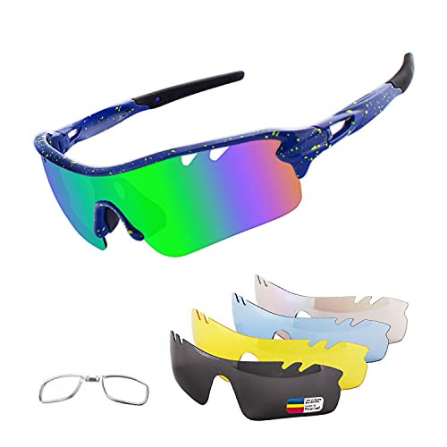 Polarized Sports Sunglasses Cycling Sun Glasses for Men Women with 5 Interchangeable Lenes for Running Baseball Golf Driving -Blue Green-