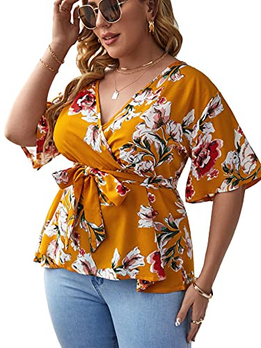MakeMeChic Women's Plus Size Floral Surplice Neck Belted Ruffle Hem Short Sleeve Peplum Blouse Top Yellow 3XL