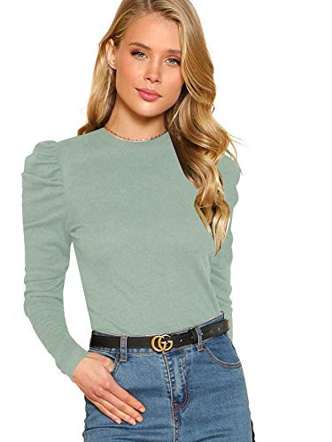 Floerns Women's Solid Puff Sleeve Crew Neck Casual T Shirt Top Green A S
