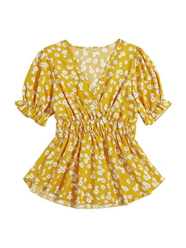 SheIn Women's Surplice V Neck Short Sleeve Floral Peplum Blouse Ruffle Hem Top Yellow X-Large