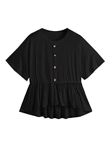 Romwe Women's Loose Ruffle Hem Short Sleeve High Low Peplum Blouse Top Black Button M