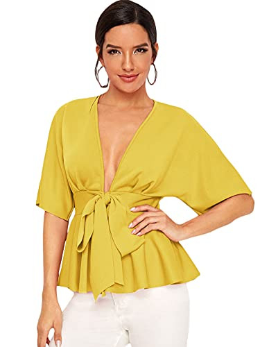 SheIn Women's Plunge V Neck Short Sleeve Ruffle Hem Tie Front Peplum Top Blouses Mustard Yellow Large