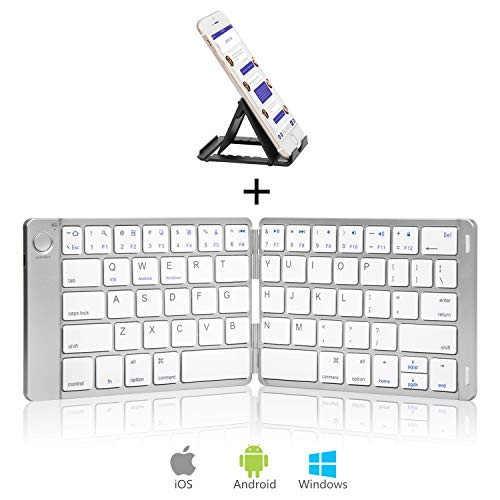 Sounwill Foldable Keyboard, Wireless Portable Keyboard with Stand Holder, Pocket Size Ultra Slim Premium Leather Folding Keyboard Compatible iOS Windows Android Smartphone, Tablet, Laptop-Silver