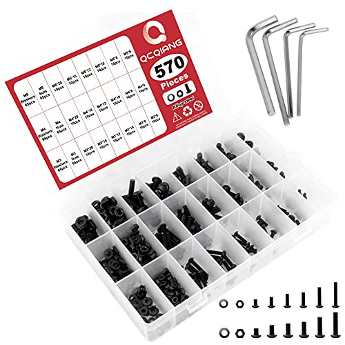 QCQIANG 570Pcs Alloy Steel Hex Socket Button Head Cap Screw Nuts Flat Washers Assortment Kit with Wrenches M3 M4 M5