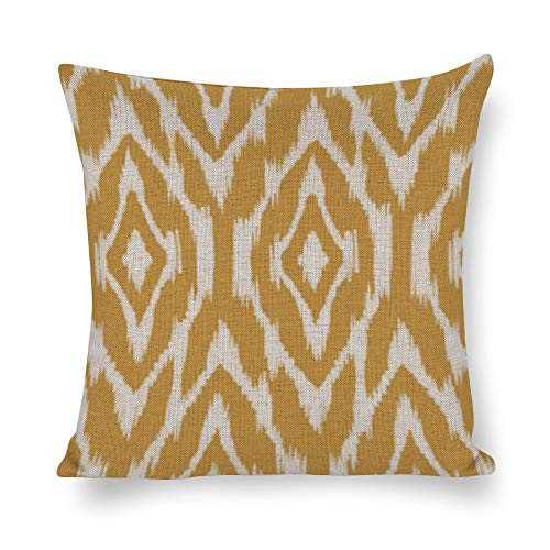 Yilooom Throw Pillow Covers, Mustard Yellow and White Ikat Pattern Throw Pillow Cases Cotton Linen Pillowcase Cushion Cover Home Office Car Decor Square 24x24 Inch