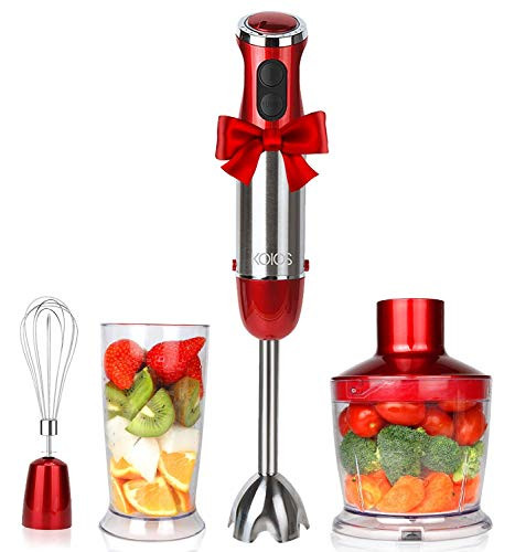 KOIOS Powerful 800W Immersion Blender 12-Speed Multi-Purpose 4-in-1 Hand Blender Includes Stick Blender, 500ml Food Processor, 600ml Mixing Beaker and Whisk, BPA-Free, Red