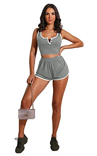 TOPSRANI Womens Two Piece Outfits Bodycon Tracksuit Sweatsuits Jogger Biker Summer Sleeveless Lounge Shorts Pant Sets Grey XL