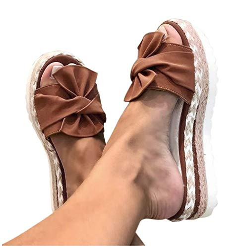 Xudanell Womens Sandals Slip On and Slides Open Toe Platform Casual Summer Bow Knot Espadrilles Thong Sandals for Women Brown