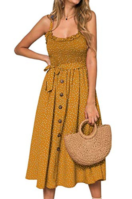 FASUND Women Summer Casual Ruffle Sleeveless Adjustable Straps Backless Sundress Beach Boho Swing Midi Dress Yellow Small