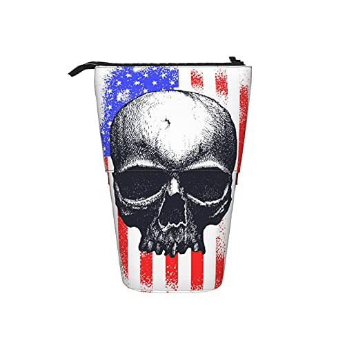 Skull and Flag USA Pencil Bags Pencil Stand Holder Telescopic Pencil Case Pen Organizer Stationery Pouch Bag Zipper Portable Bag