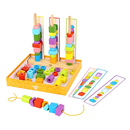TOOKYLAND Wooden Lacing Beads for Toddlers, Primary Lacing Beads Sorting Stacking Toy for Kids, Montessori Educational Stringing Toy for Boys and Girls Age 3 plus