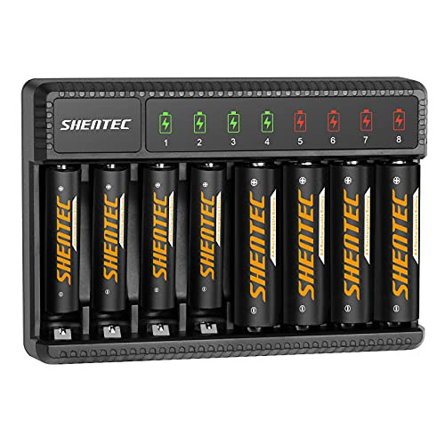 Shentec 4 Packs 2500mAh AA Rechargeable Batteries and 4 Packs 1000mAh AAA Rechargeable Batteries with Smart 8 Bay Battery Charger -USB Fast Charging, Independent Slot-