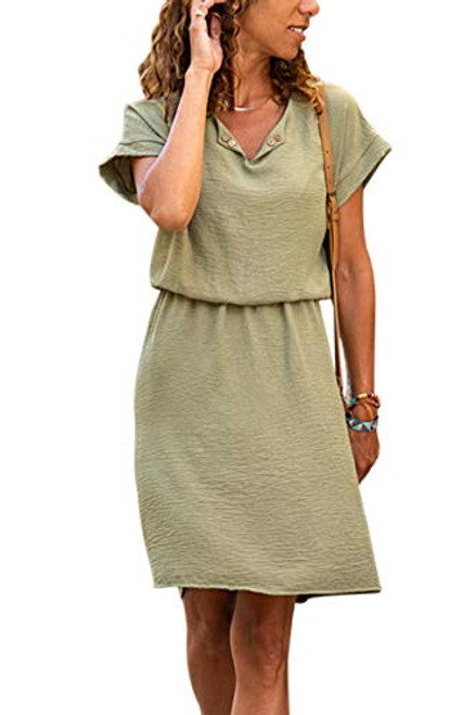 Women Fashion V Neck Short Sleeve Solid Summer Dress High Waist Button up Above Knee Length Dress Green Women Fashion V Neck Short Sleeve Solid Summer Dress High Waist Button up Above Knee Length Dress Green